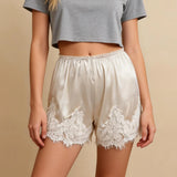 Women Patchwork Lace Satin Shorts Solid Color Low Elastic Waist Mini Bloomers Fashion Casual Summer Streetwear