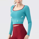 Autumn New Contrasting Yoga Suit for Women with Chest Pad Top Slim and Slim Pilates Running Sports Fitness Long Sleeves Shirts