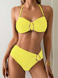 S - XL Metal Ring Halter Female Swimsuit High Waist Bikini Women Swimwear Two-Pieces Bikini Set Bather Bathing Suit Swim V6933