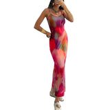 Summer Tie-Dye Floral Print Backless Party Dress Women Sleeveless Spaghetti Strap Sexy Bodycon Dress for Vacation Cocktail Beach