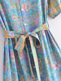 Foridol Single Breasted Bohemian Holiday Summer Women Dress Belt Casual Loose Maxi Floral Dress Short Sleeve Long Viscose Dress