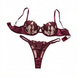 Burgundy Floral Embroidery Satin Lingerie Set Sheer Mesh Underwire Bra & Thong Women Sexy Underwear ZA824031
