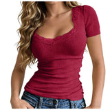 Y2k Lace Patchwork Crop T-Shirt Women Vintage Streetwear Sexy Slim U Neck Tops Female Harajuku Korean Chic Ribbed Bottoming Tees