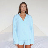 Women Fall 2 Piece Pajamas Set Solid Color Button up Long Sleeves Shirt and Elastic Shorts for Loungewear Soft Sleepwear