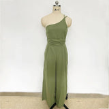 Foridol Waist Folds Backless Double Strap Casual Wide Leg Jumpsuit Long Pants Green 2025 New Female Loose  Jumpsuit