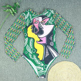 Long Sleeve Swimwear 2024 Surfing Bathing Suit Women Backless Print One Piece Swimsuit Retro Rashguard Monikini Bodysuit