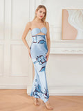 Women Floral Print Tie Backless Dress for Bohemian Party Evening Ring Cut Out Strapless Bodycon Long Dresses