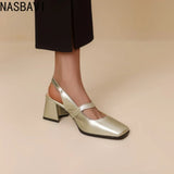 NASBAVI Fashion Women Pumps Slingback Sandals Square Toe Patent Leather Block High Heeled Mary Jane Shoes Ladies Gold Silver
