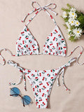 With Mesh Skirt Cherry Printed Bikini Female Swimsuit Women Swimwear Three Pieces Bikini Set Halter Bathing Suit Swim Beachwear