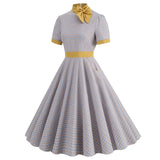 Retro Women's Plaid Dress Stand Neck Short Sleeve Cotton Dresses Lace Up Bow Tie Pleated Swing Vestidos Vintage Court Dresses
