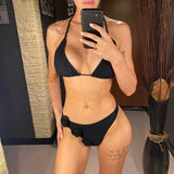 3D Flowers Halter Wrinkled Brazilian Bikini Women Swimwear Female Swimsuit Two-Pieces Bikini Set Bather Bathing Suit Swim V5559