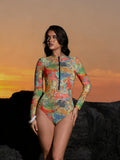2026 Vintage Mesh UPF35 Sheer Rash Guard One Piece Swimsuit With Pants Women Sexy Sun Protection Swimwear Beachwear Купальник