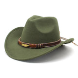 Women Men Wide Brim Floppy Cowboy Hat Western Style Wool Felt Flat Top Cap Classic Vintage Bowler Hat Party