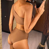 New Wrinkled One Shoulder High Waist Bikini Female Swimsuit Women Swimwear Two-Pieces Bikini Set Bather Bathing Suit Swim V5857