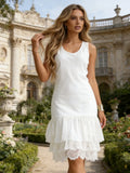 Women's Casual Sleeveless Tulle Lace Hem Midi Dress Fashion Summer Solid Color Beach Party Dresses