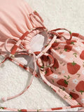 cute pink strawberry bandeau bikinis sets two pieces bow high waist padded bathing suit beach wear women thong bikini swimsuits