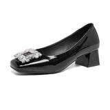 Shallow Mouth Square Toe Rhinestone Square Buckle Single Shoes Women's New Professional Patent Leather Kitten Heel Shoes