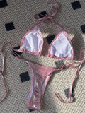 PU Leather Pearls Bikini Mini Micro Thong Bikinis Women Swimwear Female Swimsuit Two-piece Bikini Set Halter Bathing Suit Swim