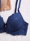3Pcs Floral Lace Women's Underwear Set Daily Push-Up Bra Rhinestone Breathable Mesh Bra for Women