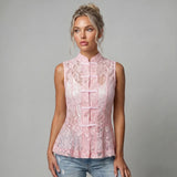2026 Summer Women's Retro Lace Tops Elegant Mandarin Collar Chinese Frog Buttons Peplum Sleeveless Vest Blouses