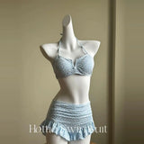 Girls' pure lust style summer bikini three-piece knitted sweater holiday split swimsuit for women