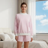 Striped Print Suits for Women Casual Loose Fit Stylish Crew Neck Long Sleeve Tops and Shorts Fall 2 Pcs Set