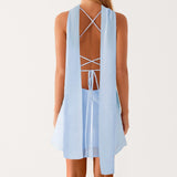 Women Fashion Floral Print/Solid Color Sleeveless Back Bandage Cami Dresses Summer Backless Mini Dress with Choker Scarf