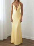 Summer Women's Satin Long Dress Spaghetti Strap Sleeveless V Neck Cutout Slim Fit Elegant Dress for Party Evening Solid Color