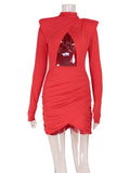 Ahagaga Eelgant Fashion Dresses For Women Solid Zipper Sheath Pleated Hollow Out Regular Long Sleeves Turtleneck Shoulder Pad