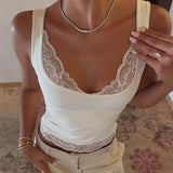 FDYOUI Sexy Lace Patchwork Tank Tops for Women Fashion Sleeveless Backless Cropped T-shirt Black White Y2K Skinny Corset Top