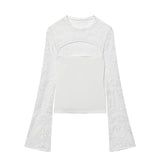 Women's Fashion Casual Lace Patchwork Hollow Bell Sleeve Blouse Women Pack Lace Sleeve Tops Black White Sheer Mesh Casual DOS5