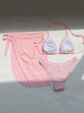 Pink Solid Color 3-piece Swimsuit Women 2026 Summer Beach Skirt Bikini V-neck Halter Backless Bathing Suit Summer Beach Swimwear