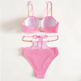 Sexy Push Up Underwire One Piece Swimsuit Women Solid Pink Metal Chain Hollow Out Ribbed Bathing Suit Backless Swimwear Monokini