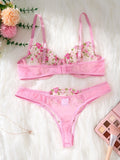 Women's Pink Floral Embroidery Lingerie Set Half Cup Push Up Bra And Thong Sheer Mesh Lace Comfortable Sexy Underwear ZA824026