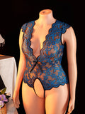 For Curvy Women Deep Vneck Translucent Lace Floral Teddy Bodysuit With Bow Tie Front Open Back Delicate Erotic Sexy Lingerie