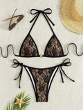 Embroidery Mesh Lace Halter High Cut Bikini Female Swimsuit Women Swimwear Two-pieces Bikini Set Bather Bathing Suit Swim Beach
