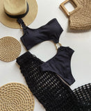 Women's One Piece Swimsuit Ring Cut Out Front High Cut Cheeky Bathing Suit Monokini Swimwear One Shoulder Ribbed Monokini