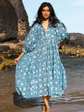 Foridol Lantern Half Sleeve Cyan Bohemian Beach Midi Loose Dress Summer for Women Tie Up Casual Floral Holiday Midi Vestidos