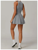 Women Front Zipper Tennis Dress Fake Two-piece Pieces Stand Up Collar Slim Fit Soft Sports Sets Fitness Pocket Skorts Yoga Suits