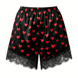 Summer Women’s Satin Lace Hem Shorts Elastic Waist Loose Fit Wide Leg Short Pants Casual Lounge Bottoms Solid Color