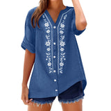 Womens V Neck Embroidered Linen Tunic Shirt Roll Up Sleeve Button Down Loose Fit Casual Boho Blouse Vintage Summer Beach Shirts