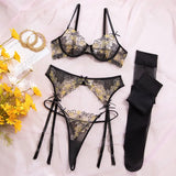 Toucheart Erotic LingerieNew Butterfly Embroidered Mesh See-through Sexy Contrastingerotic Lingerie Four-piece Setwith Stockings