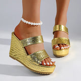 Chunky Wedges Gold Sandals Women Plus Size 42 High Heel Platform Slippers Woman Snake Pattern Pu Leather Summer Sandles Female
