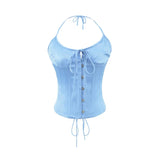 Vietnamese Sexy Backless Halter Neck Camisole For Women Niche Deep V-neck With Hook And Fishbone Waist-cinching Satin Top 02BG