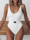V Neck Ribbed High Cut Women Swimwear One Piece Swimsuit Female Backless Monokini with Waist Belt Bathing Suit Swim Beachwear