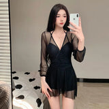 Swimsuit Women's Summer New One-piece Skirt Style Slimming Lace Long Sleeved Small Chest Steel Support Hot Spring Swimsuit
