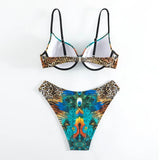 Peacock Leopard Printed Underwired Bra Cup Bikini Women Swimwear Female Swimsuit Two-pieces Bikini Set Push Up Bathing Suit Swim