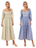 Women Spring Fall Long Dress Long Sleeve Dress Square Neck Embroidery Flower Loose Swing Dress Wit Pocket