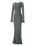 Women's Autumn Winter Knitted Bodycon Dress Long Sleeve Tie Backless Round Neck Solid Color Ruffle Trim Long Dress Beachwear
