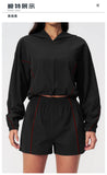 Summer Sun Protection Yoga Suit Women Contrasting Colors Long Sleeve Hoodies Top High Waist Shorts Running Fitness Athletic Wear